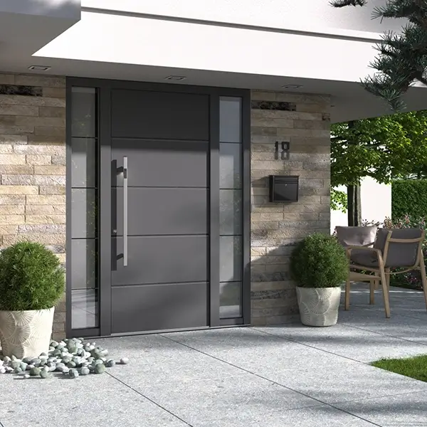 Moderne Eingangstür Moderner Hauseingang mit breiter, grauer Tür, seitlichen Glasstreifen, zwei großen Pflanzkübeln